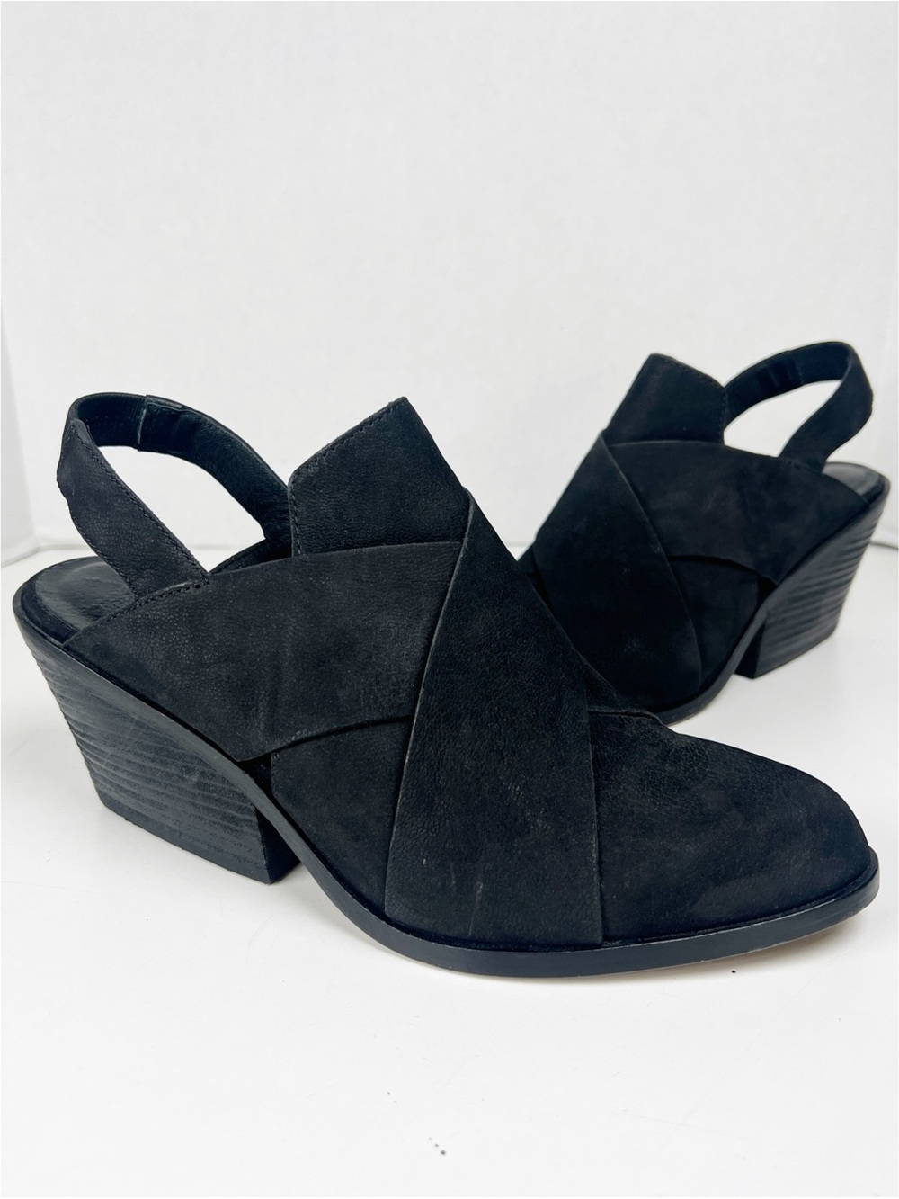 EILEEN FISHER Women’s Size 7.5 Black Nubuck Token Slingback Stacked Heel Bootie